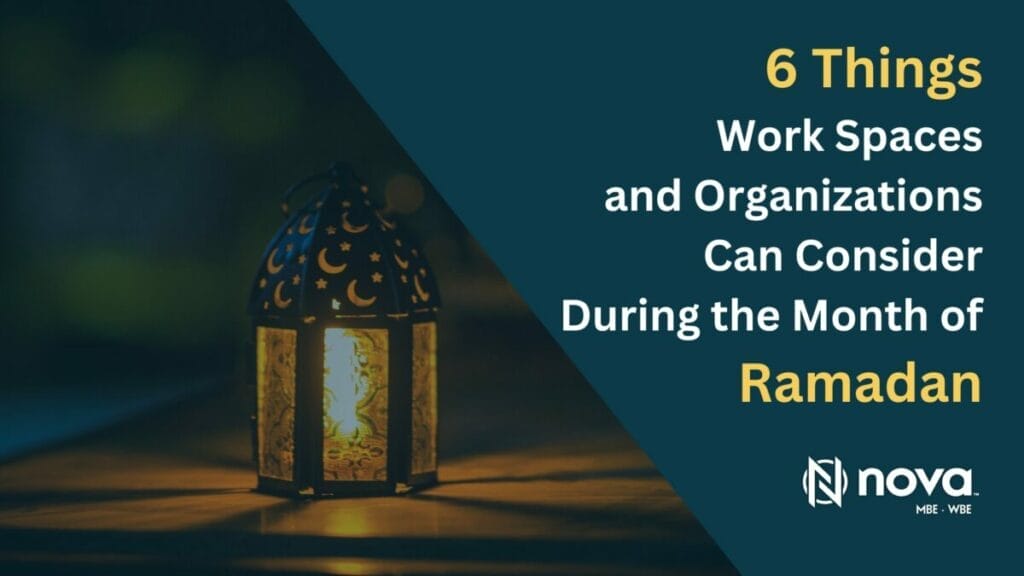 Discover '6 Things Work Spaces and Organizations Can Consider During the Month of Ramadan' with this insightful guide from Nova. The image features a traditional lantern illuminated against a dusk backdrop, symbolizing reflection and respect during Ramadan. Ideal for workplaces looking to support Muslim colleagues.